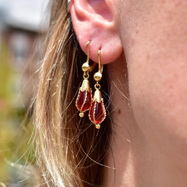 Art Deco 18K Gold Faceted Ruby Glass Teardrop Dangle Earrings, Braided Gold Wire WrapGlass Drop Earrings, 750 Leverbacks, 24mm 