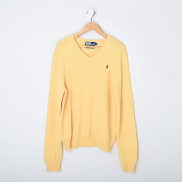 Vintage 90s Ralph Lauren Polo Cornflour Lambswool V-Neck Sweater - nineties, light yellow, preppy - Men's L 