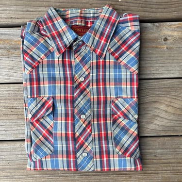 vintage plaid pearl snap shirt 70s red and blue button down men's rockabilly shirt large 