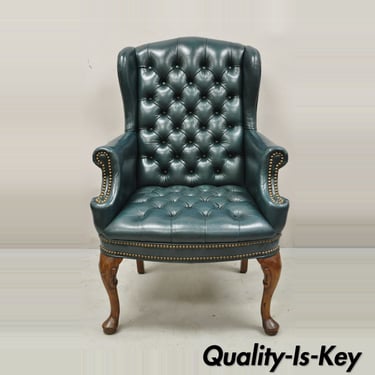 Vintage Queen Anne Style Chesterfield Blue Teal Leather Lounge Arm Chair