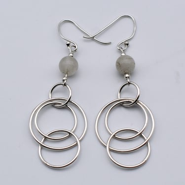 Mod 70's cloudy grey quartz 925 silver go go dangles, funky beads & sterling rings boho earrings 