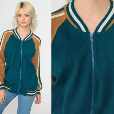 70s Teal Striped Sweater Jacket Tan Zip-Up Track Jacket Raglan Sleeves Vintage 1970s Bomber Style Pockets Medium 38 