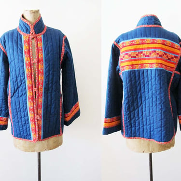 Vintage 70s Blue Quilted Patchwork Jacket S - 1970s Navy Blue Orange Red Floral Calico Tall Neck Womens Jacket 
