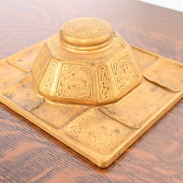 Tiffany Studios New York Zodiac Bronze Doré Partner’s Inkwell With Desk Tray