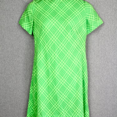 1970 70s - Plaid Sheath Dress - Neon Green - Mid Century Mod - Retro - Size L 