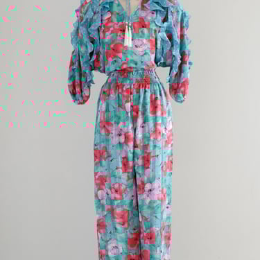 Fabulous 1980's Pink Floral Georgette Ensemble by Diane Freis / ML