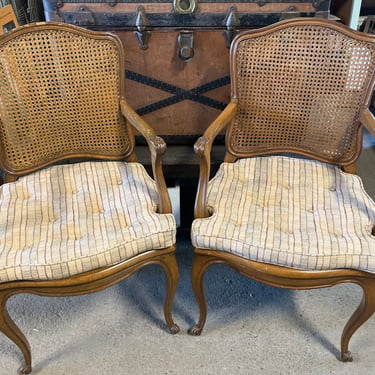 Pair of Vintage French Cane and Wood Arm Chairs 38.5” X 22” X 20”