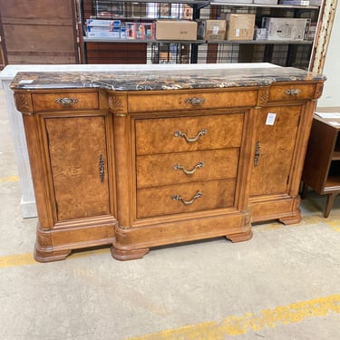 Stone Topped Burl Wood Sideboard with Brass Pulls