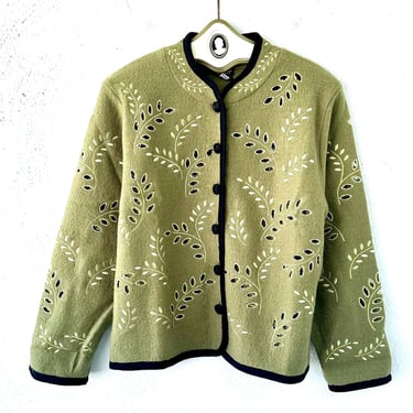 Vintage Embroidered Cutout Wool Cardigan Lightweight Jacket Green Leaves Knit Cardigan Top 