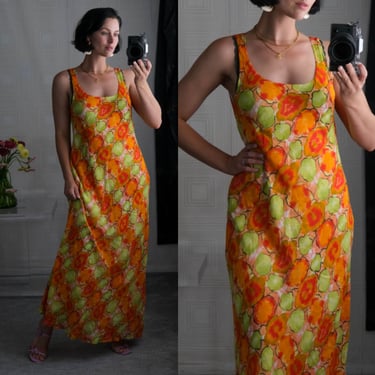 Vintage 90s BENJAMIN A. Los Angeles Vibrant Geometric Orange, Lime & Peach Tie Dye Bias Cut Maxi Dress | Made in USA | 1990s Designer Dress 