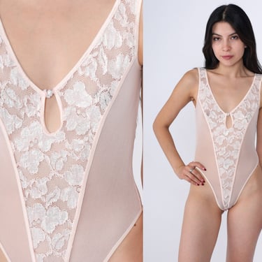 Pink Mesh Bodysuit 90s Sheer Pastel Lingerie Teddy High Cut Lace Romper One Piece Sleeveless V Neck Leotard Sexy Vintage 1990s Small S 