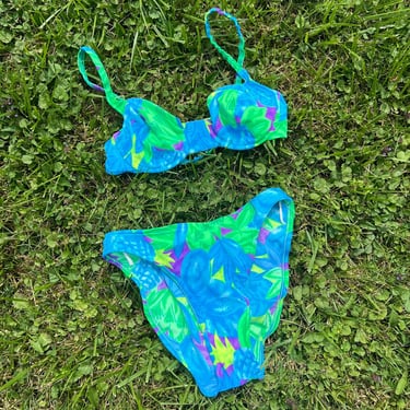 90’s vintage neon blue green & purple floral high cut underwire bikini swimsuit 