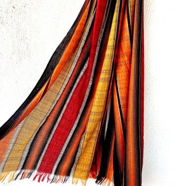 Vintage Boho Metallic Fringe Striped Woven Red Orange Black Lightweight Scarf 