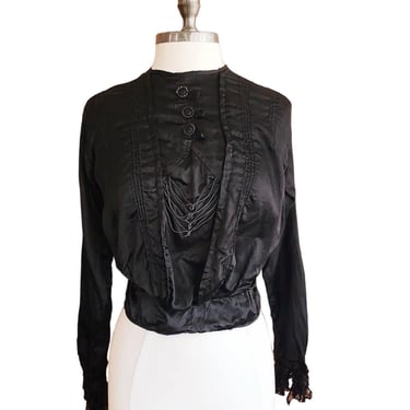 Antique Edwardian Black Blouse Embroidered 1900s Shirt Long Sleeves 