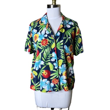 Vintage Erika Hawaiian Floral Fruit Button-Down Short Sleeve Blouse, Large 