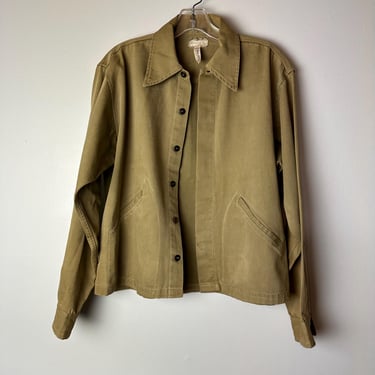 Vintage 50’s-60’s workwear jacket~ DuPont Zelan khaki green cotton Distressed military ~ shop coat~ waist side buckle As-Seen / size L 