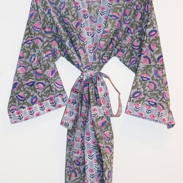 Hand Block Print Kimono, Cotton Bathrobe, Lightweight Cotton Robe, Cotton Dressing Gown, Short Kimono, Wood Block Print, Cotton Floral Robe 