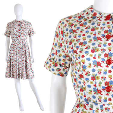 1950s Cotton Floral Shirtwaist Dress - 50s Cotton Dress - 50s Fit & Flare Dress - 50s Shirtwaist Dress - 50s Floral Day Dress | Size Small 