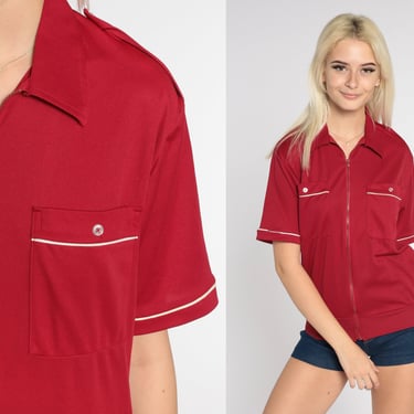 Red Polo Shirt 70s Zip Up Collared Shirt Retro Preppy Short Sleeve Top Banded Hem Pockets Seventies Streetwear Vintage 1970s Small Medium 