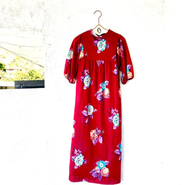 Vintage 70s Hawaiian Muumuu Prairie Puffy Sleeve High Neck 1970s Hawaii Dress Long Maxi Floral Caftan 