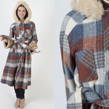 Blue Plaid Hooded Princess Coat, Belted 70s Winter Jacket, Vintage Shearling Bohemian Mid Length Overcoat 