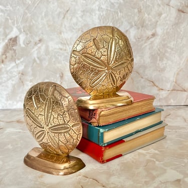 Brass Bookends, Sand Dollars, Sea Shells, Vintage, Office, Library, Book Lover 
