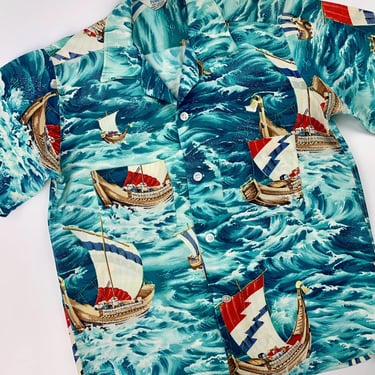 1950's Young Boy's Hawaiian Shirt - PENNEYS LABEL - Rayon Screen Printed - Loop Collar - Made in Japan - Boy's Size 14 