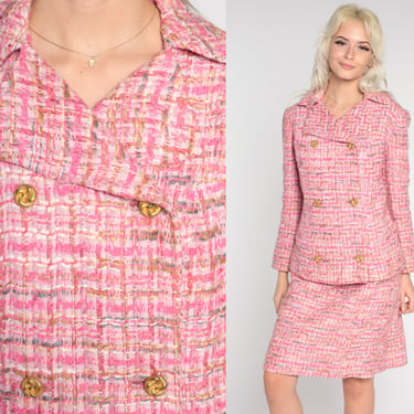 60s Dress Suit Pink Tweed Plaid Boucle JACKET and SKIRT Two Piece Set Midi Jackie O Outfit 1960s Double Breasted Vintage Extra Small xs 
