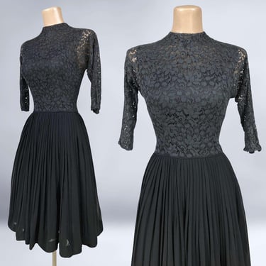 VINTAGE 50s 60s Black Lace and Sheer Chiffon New Look Dress | 1950s 1960s Fit n Flare Taffeta Cocktail Party Dress | VFG 