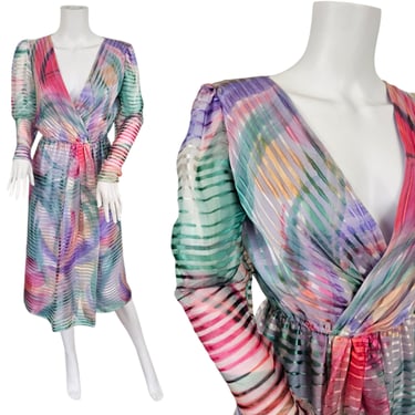 1980's Pink Blue Pastel Watercolor Print Silk Dress I Sz Sm I Gentillese 