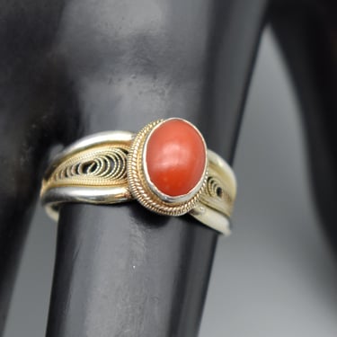 50's 925 silver vermeil coral size 7.75 solitaire, gilded sterling filigree oval red-orange cab adjustable ring 