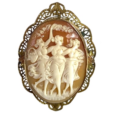 1910 Antique Italian Art Nouveau Three Graces Oval Cameo Pin 