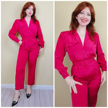 1980s Vintage JT Dress Hot Pink Silky Jumpsuit / 80s Button Front Slim Cut Belted Playsuit / Size Small 