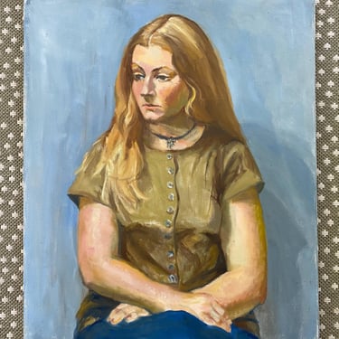 70's Young Woman Portrait, Strawberry Blonde Indifferent Girl Seated, Cleft Chin, Choker Necklace, By Pearl Block 