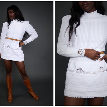 Vintage 1960s 60s does 20s White Cotton Pintucked Eyelet Lace Long Sleeve Mini Dress // Elopement Bridal Engagement 