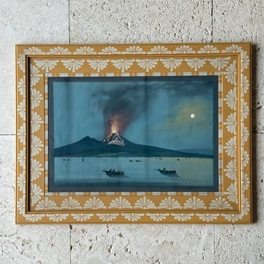 19th C. Neapolitan Gouache of the View of Vesuvius by Night I Circa 1830 in Yellow Gusto Painted Frame  VI