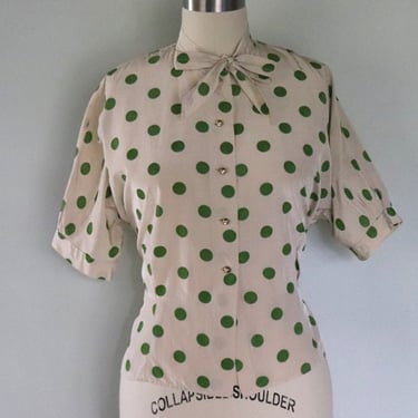 VIintage 1940S 1950S Silk Polka Dot Puff Sleeve Bow Tie Blouse  Modeoday 