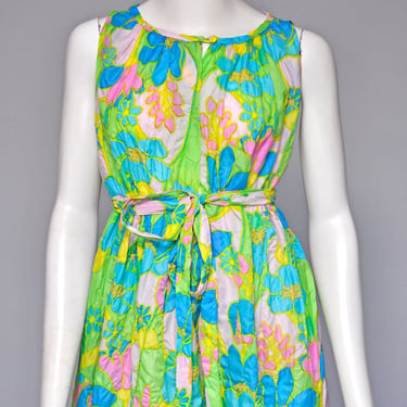 1970s bright floral Chuck Howard leisurewear maxi dress S/M 