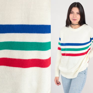 White Striped Sweater 80s 90s Raglan Sleeve Knit Jumper Slouchy Pullover Crewneck Red Blue Green Stripe Vintage 1990s Large L 
