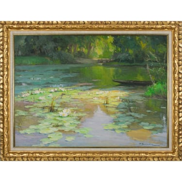 The Water Lilies, Oil on Masonite Board Painting by Pierre Laurent Baeschlin