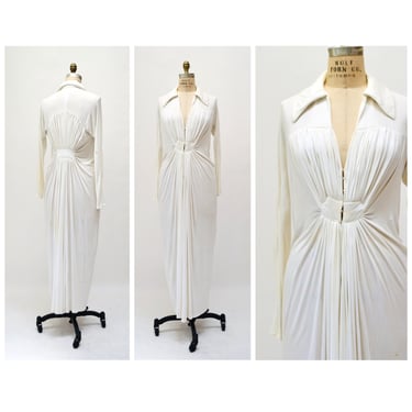 Vintage YUKI 1970s Draped Gown Medium Cream Off White Draped Goddess Dress Gown Gnyuki Torimaru// 70s Wedding Party Vintage Dress Gown 