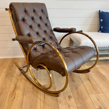 Mid-Century Lee Woodard Leather & Brass Rocking Chair
