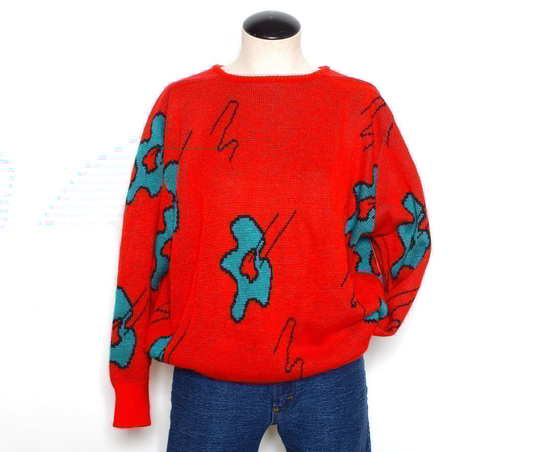 Vintage 80's Amoeba Print Knit Sweater Sz L Top Shelf Vintage Co