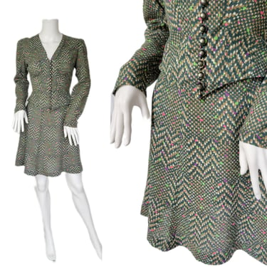 2 Pc 1970's Green Pixilated Herringbone Print Shirt Mini Skirt Top Suit Set I Sz Sm 