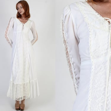 Gunne Sax White Cottagecore Wedding Dress, Vintage 70s Sheer Sleeve Bridal Gown, Jessica McClintock Boho Prairie Dress 9 
