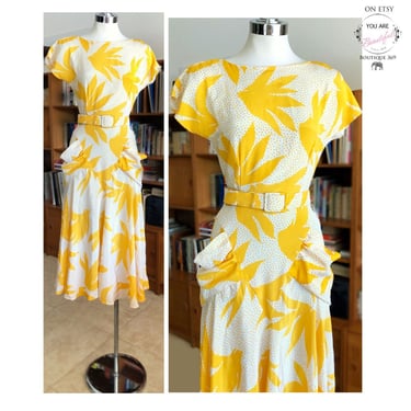 1930s - 40s style Yellow & White vintage DRESS, Floral Print Swing Dress, size 5/6, 1970s art deco 1980's dress 