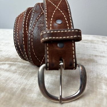 60’s Men’s western belt~ top stitching brown suede leather snap on/off buckle M-L 