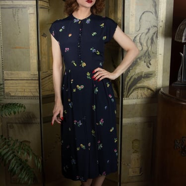 1940s Dress - Wounded Bird - Adorable Navy Blue Rayon 40s Day Dress with Colorful Novelty Fruit Print 