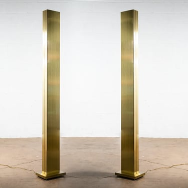 Mid Century Modern Floor Skyscraper Lamp Set Casella Pair Brass Gold Halogen 2