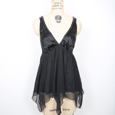 Black Top with Jagged Hem & Beading Y2K 80s 90s Modern Open Back 